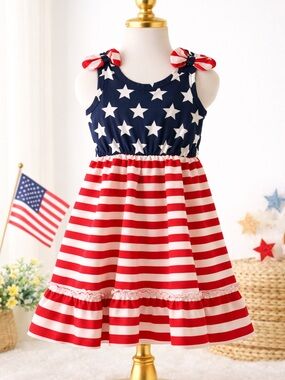 Girls Patriotic Stars & Stripes Dress 3-4Y | Red White Blue 4th of July Toddler